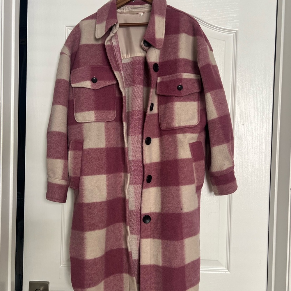 Vintage Plaid Long Wool Coat in Pink and Cream